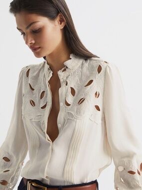 Reiss Women's Cream Embroidered Cutout Blouse-like new!